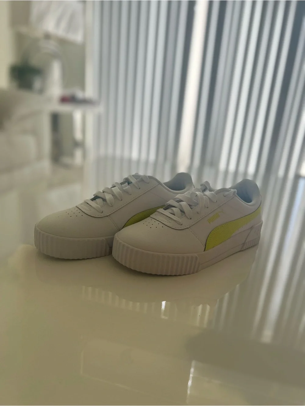 Puma Carina White Sneakers with Neon yellow Stripe